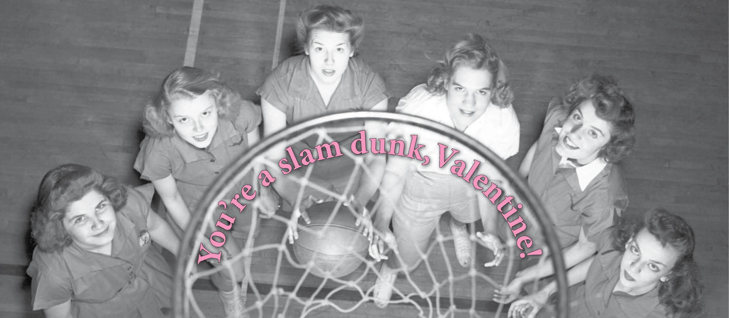 Four students looking up at a basketball net. Text overlay reads, 